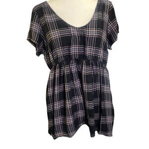 Torrid Peplum Cross Back Rayon Flannel Blouse 1 1X 14-16 Black White Pink Plaid